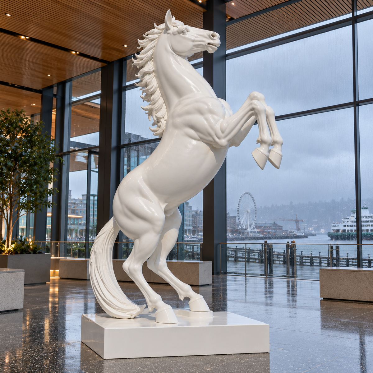 Noble Spirit White Marble Rearing Horse Sculpture — waterfront glass atrium.