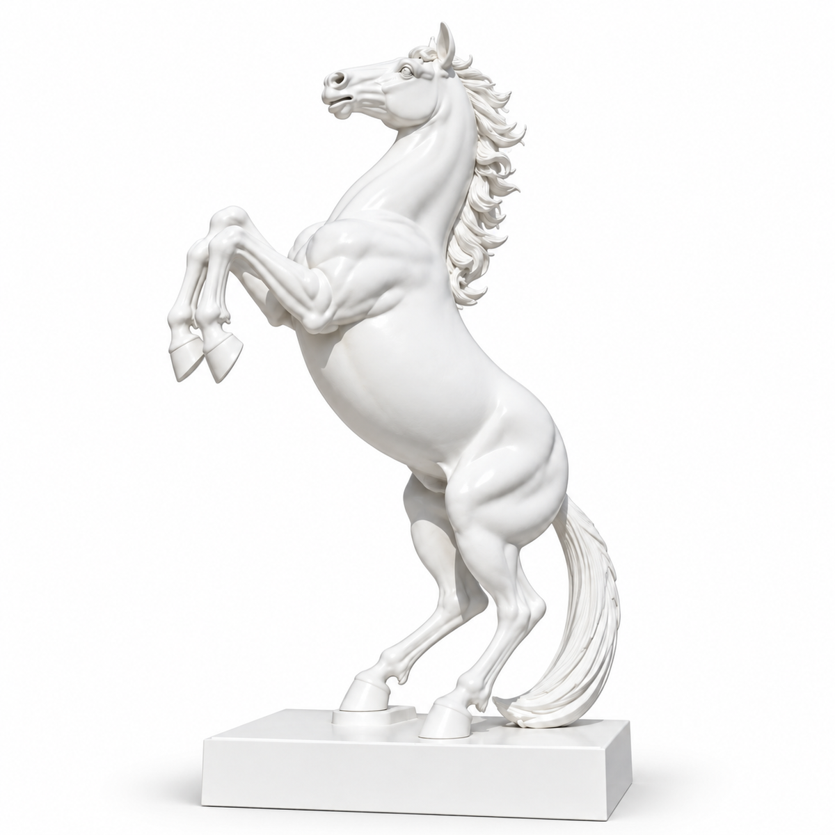 Noble Spirit classical white marble rearing horse sculpture with raised front legs, flowing mane, and rectangular base on a white background.
