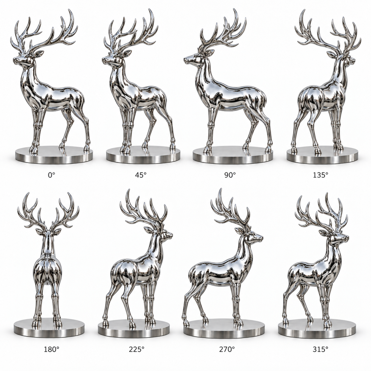 Noble Stag mirror stainless steel standing deer sculpture shown from eight angles in a complete 360-degree product view.