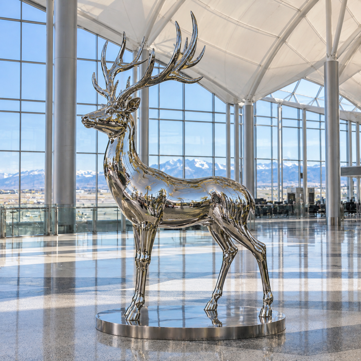 Noble Stag Mirror Stainless Steel Standing Deer Sculpture — bright terminal atrium.