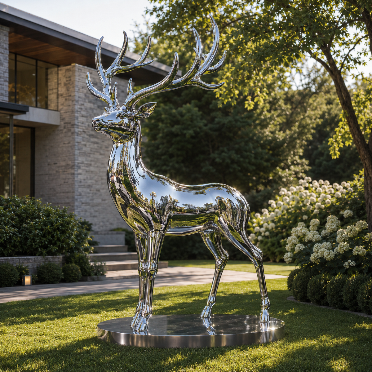 Noble Stag mirror stainless steel standing deer sculpture with large branching antlers displayed in a landscaped modern residential garden.