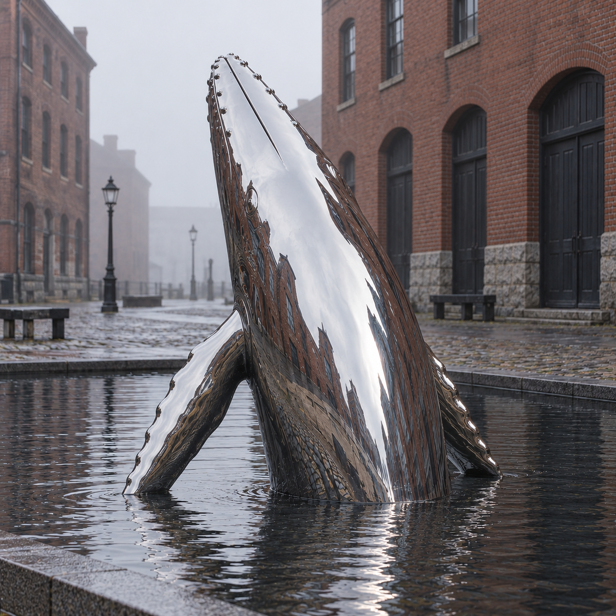 Ocean Ascend Large Mirror Stainless Steel Breaching Whale Sculpture — canal beside brick warehouses.
