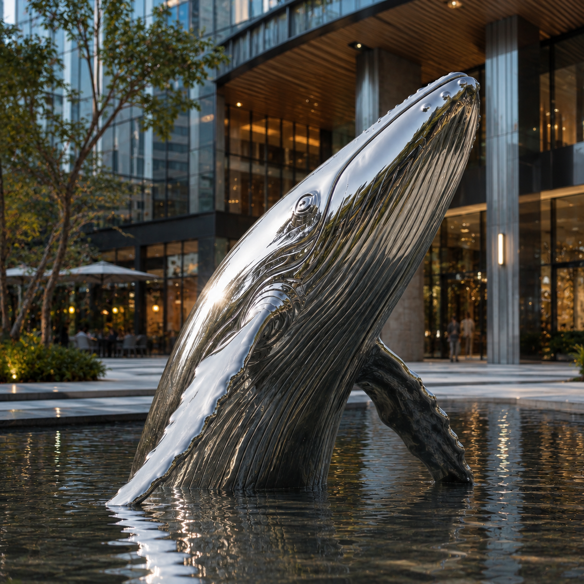 Ocean Ascend large mirror stainless steel breaching whale sculpture displayed in a modern commercial public space with a reflecting pool.