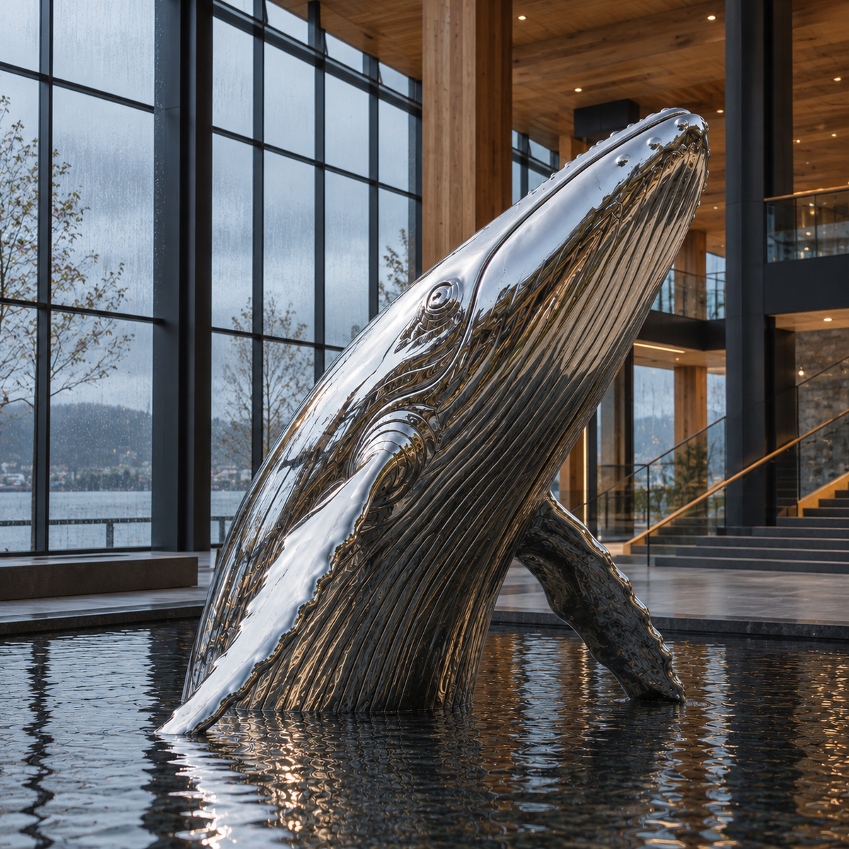 Ocean Ascend Large Mirror Stainless Steel Breaching Whale Sculpture — indoor pool in a wood-paneled atrium.