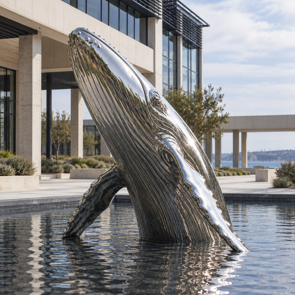 Ocean Ascend Large Mirror Stainless Steel Breaching Whale Sculpture — outdoor pool beside a modern building.
