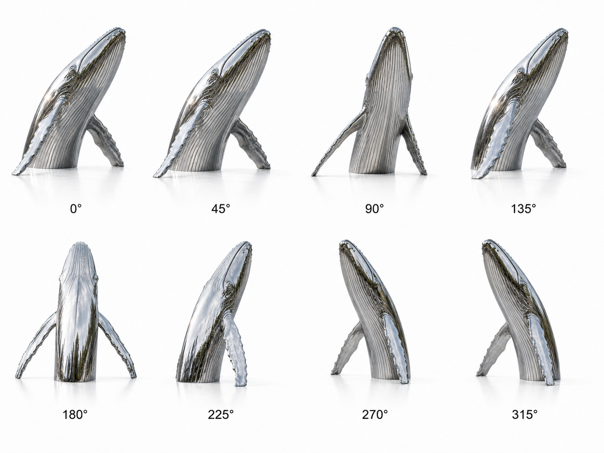 Ocean Ascend mirror stainless steel breaching whale sculpture shown in eight 360-degree viewing angles on a white background.