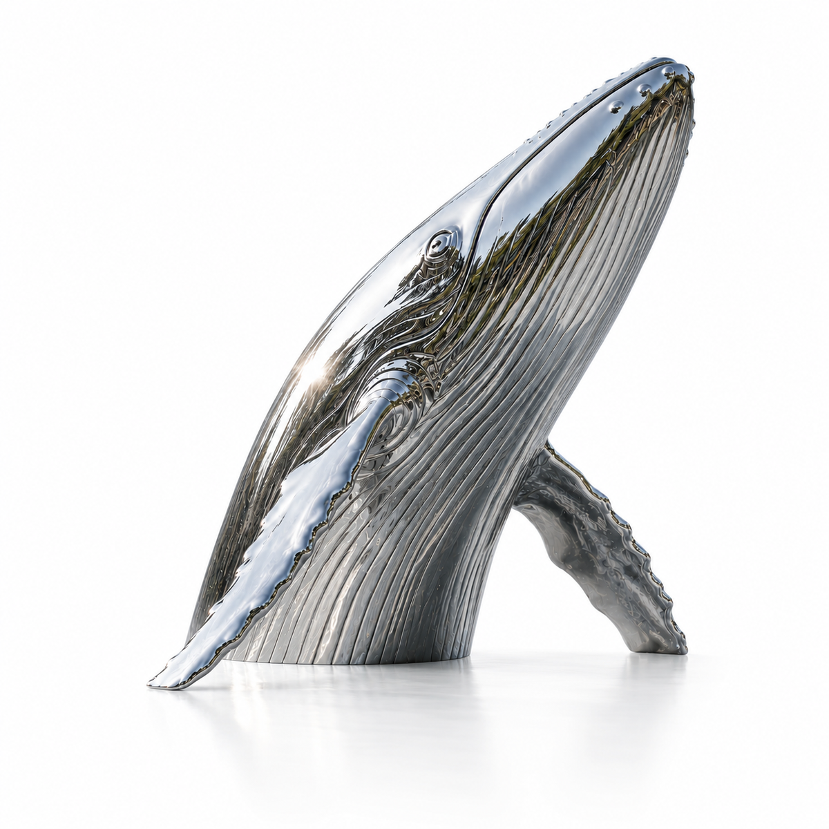 Ocean Ascend mirror stainless steel breaching whale sculpture isolated on a clean white background.