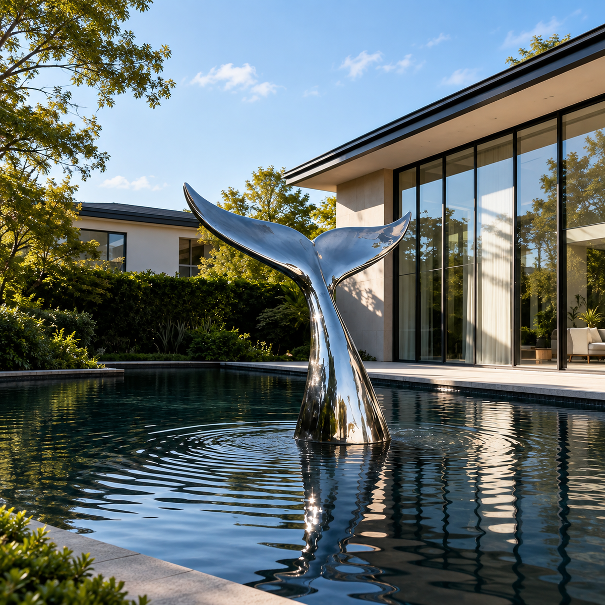 Ocean Grace large mirror stainless steel whale tail sculpture displayed in an outdoor garden landscape beside a modern reflecting pool.