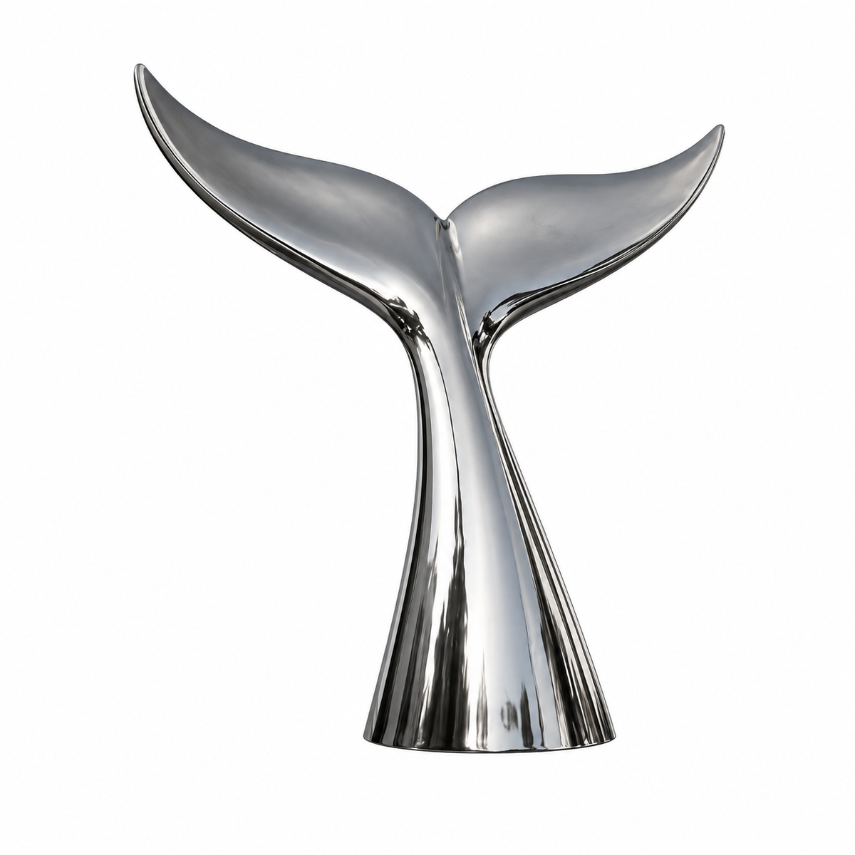 Ocean Grace mirror stainless steel whale tail sculpture isolated on a clean white background.