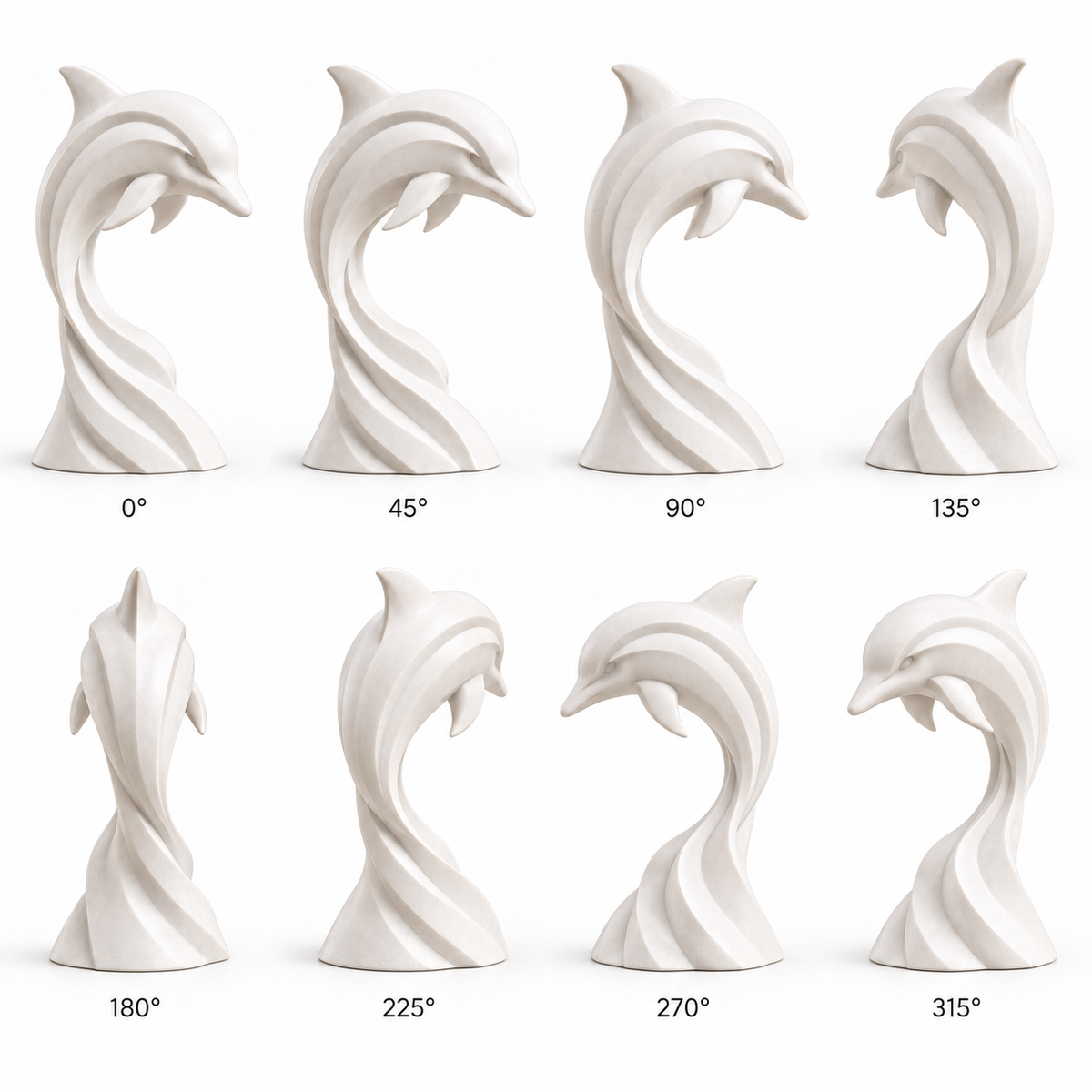 Ocean Spiral white marble leaping dolphin sculpture shown in an eight-angle 360-degree view on a white background.