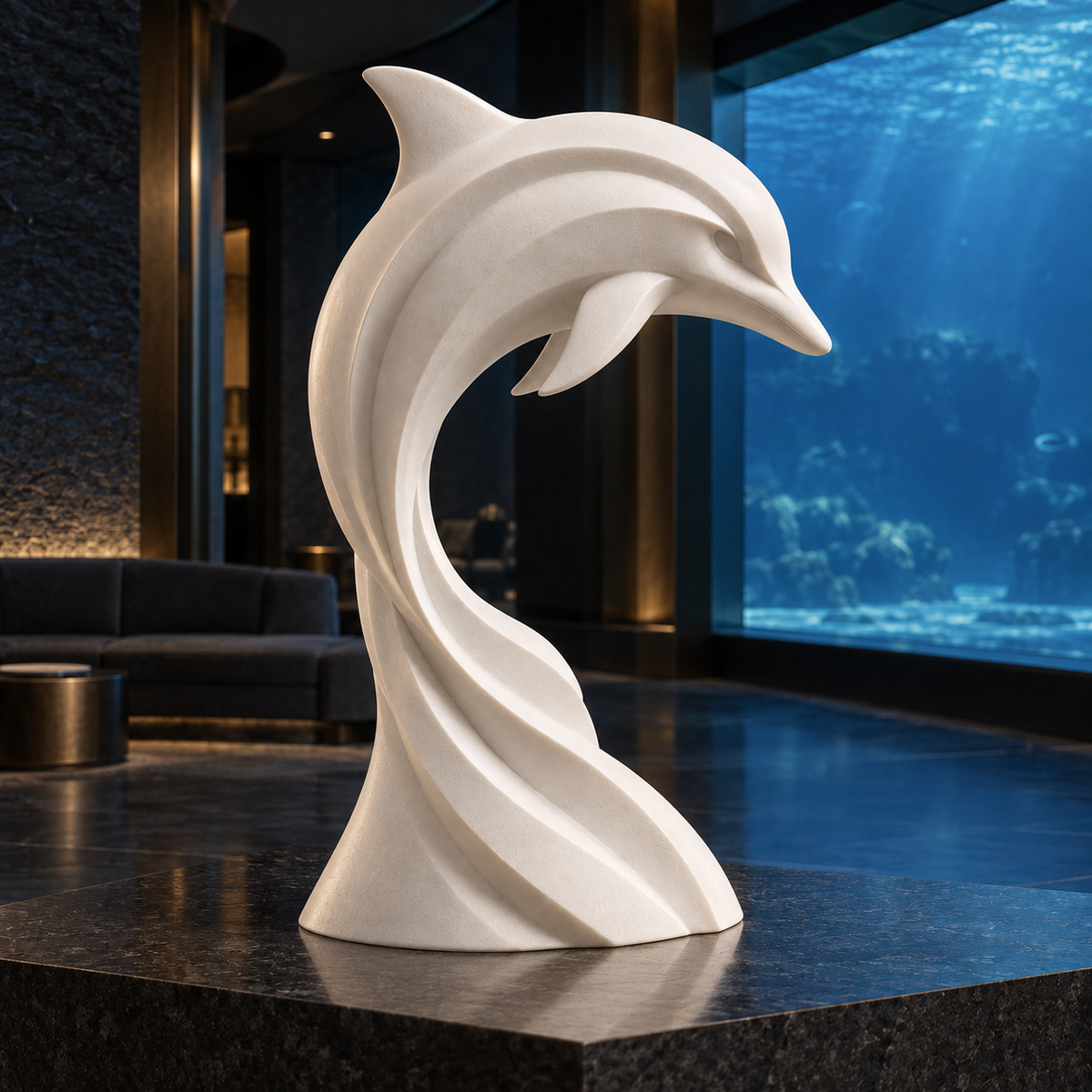 Ocean Spiral White Marble Leaping Dolphin Sculpture — aquarium lounge.