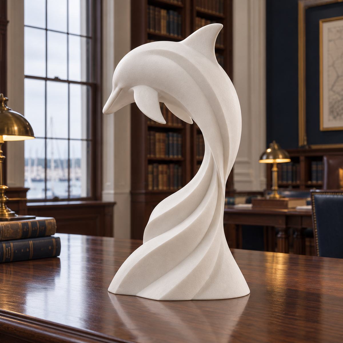 Ocean Spiral White Marble Leaping Dolphin Sculpture — library reading room.
