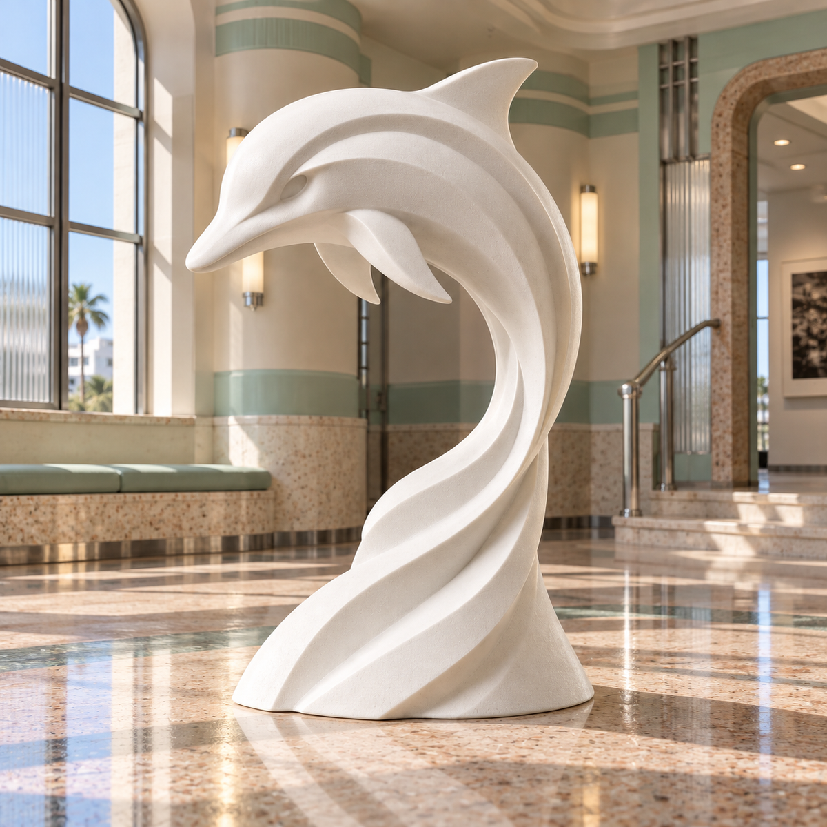 Ocean Spiral White Marble Leaping Dolphin Sculpture — pastel-colored lobby.