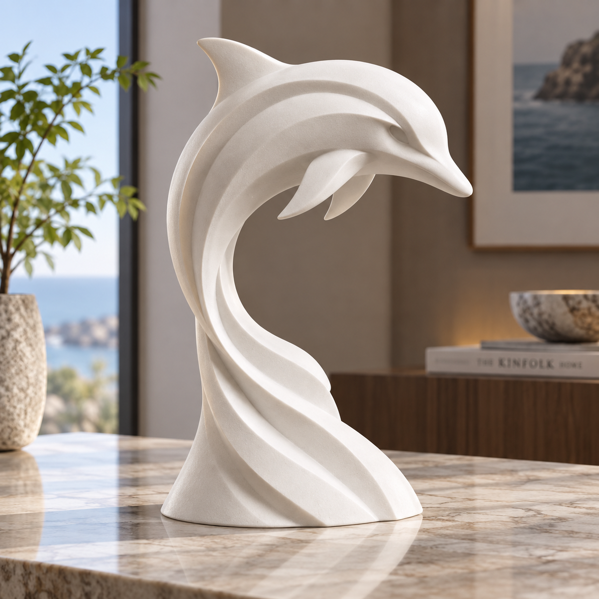 Ocean Spiral white marble leaping dolphin sculpture displayed on a marble tabletop in a modern coastal-inspired interior.