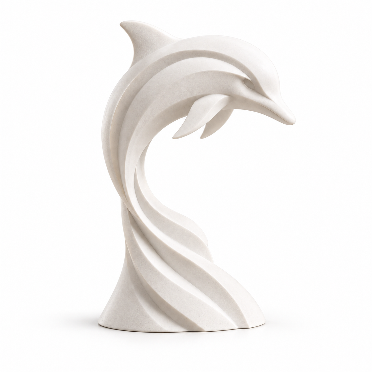Ocean Spiral white marble leaping dolphin sculpture isolated on a white background.