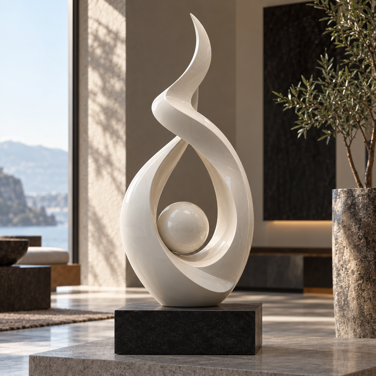 Orb of Harmony white fiberglass abstract sculpture displayed in a contemporary luxury interior