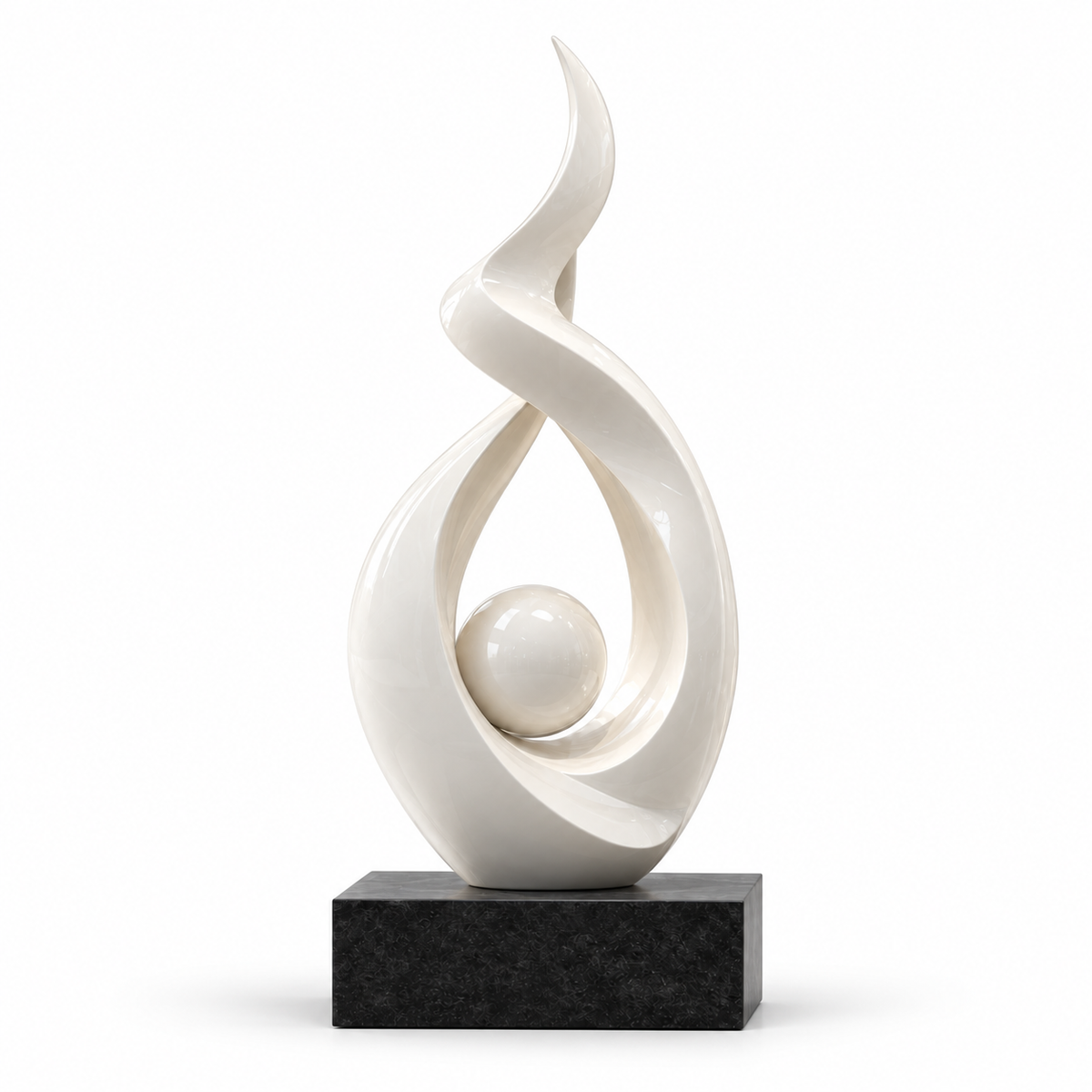 Orb of Harmony white fiberglass abstract sculpture with flowing curves and a suspended central sphere
