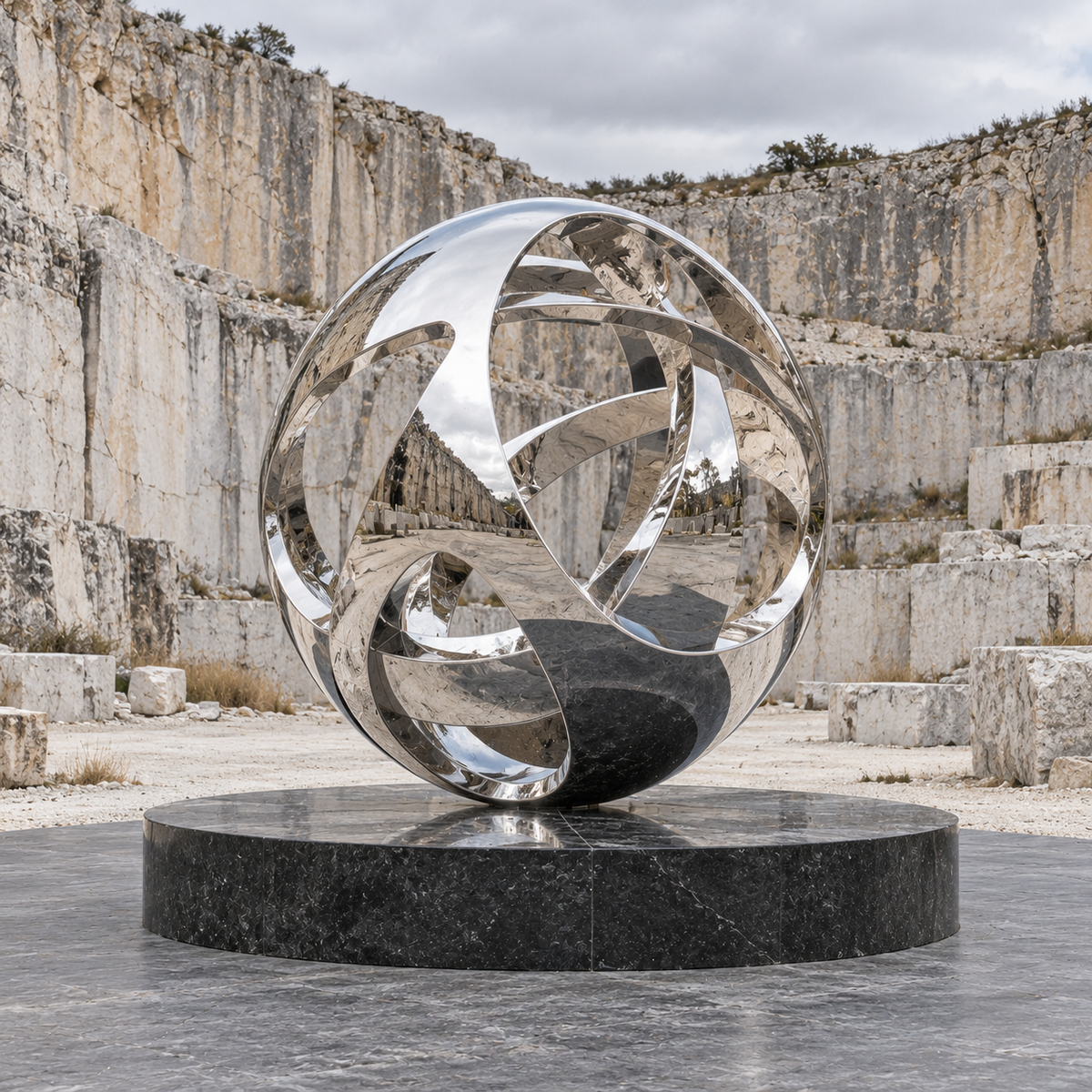 Orbital Nexus Mirror Stainless Steel Abstract Sphere Sculpture displayed against tall limestone quarry walls.