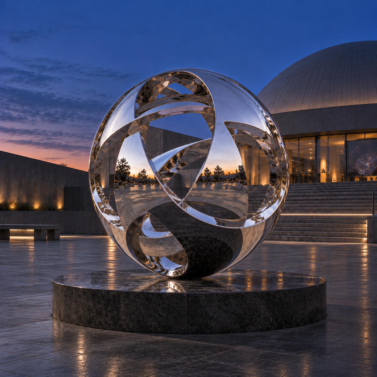 Orbital Nexus Mirror Stainless Steel Abstract Sphere Sculpture displayed in a modern plaza at sunset.