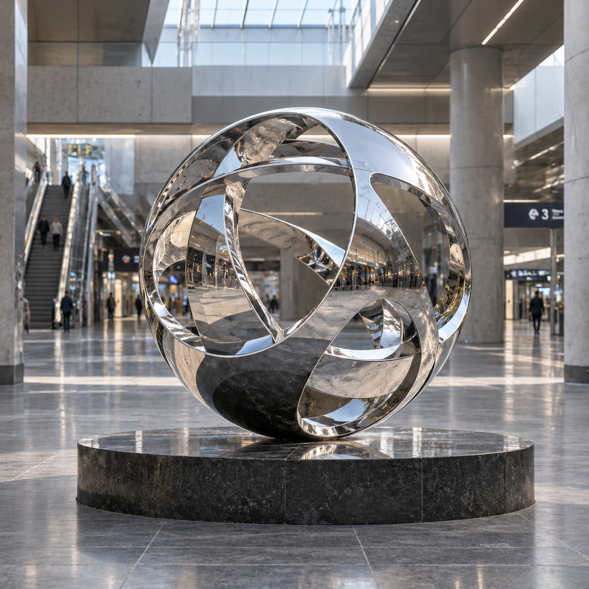Orbital Nexus Mirror Stainless Steel Abstract Sphere Sculpture displayed in a bright shopping atrium.