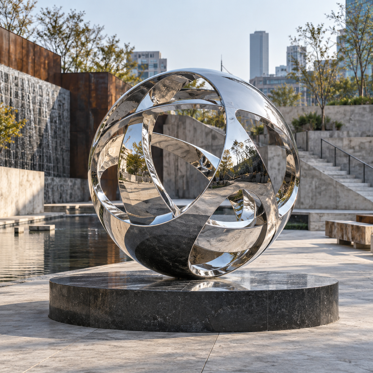 Orbital Nexus mirror stainless steel abstract sphere sculpture displayed in a modern outdoor plaza