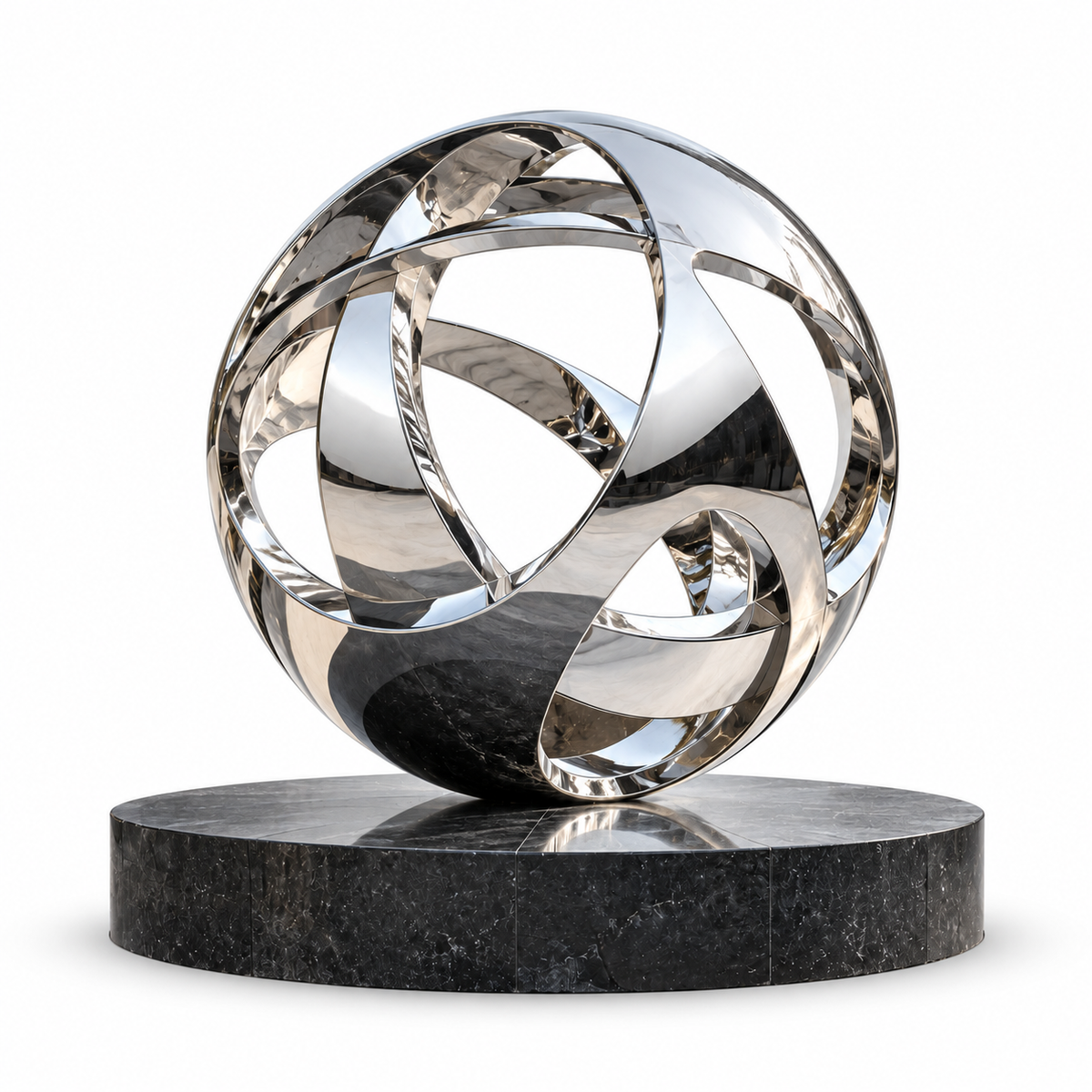 Mirror polished stainless steel abstract sphere sculpture with interlocking curved bands on a white background