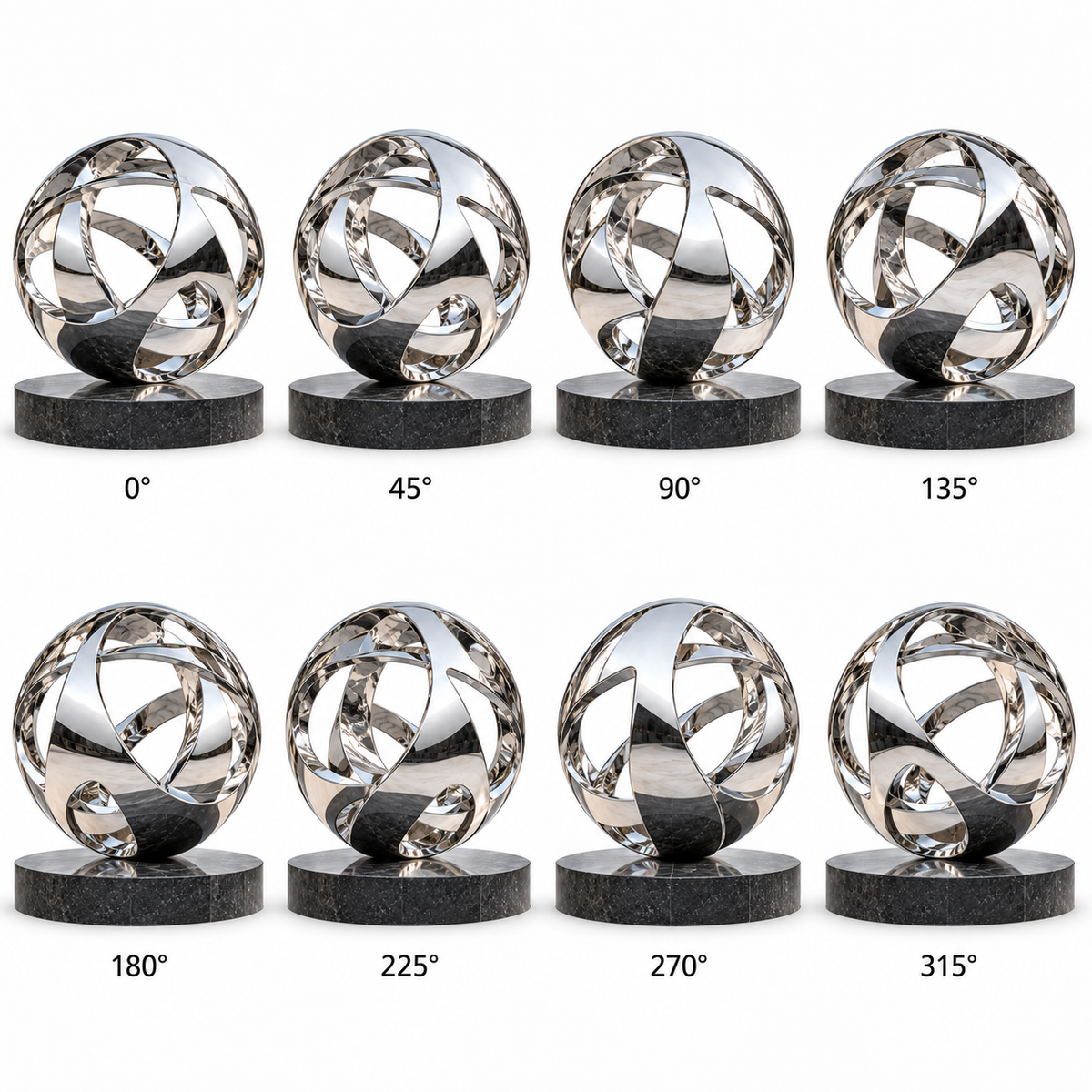 360-degree views of Orbital Nexus mirror stainless steel geometric sphere sculpture