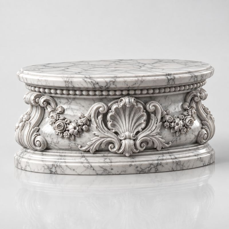 Ornate round white marble low sculpture base with shell and scroll carvings
