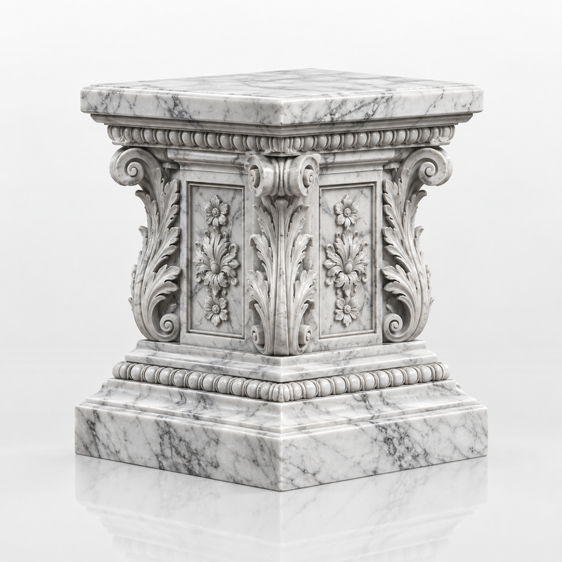 Ornate white marble square sculpture pedestal base with carved floral relief