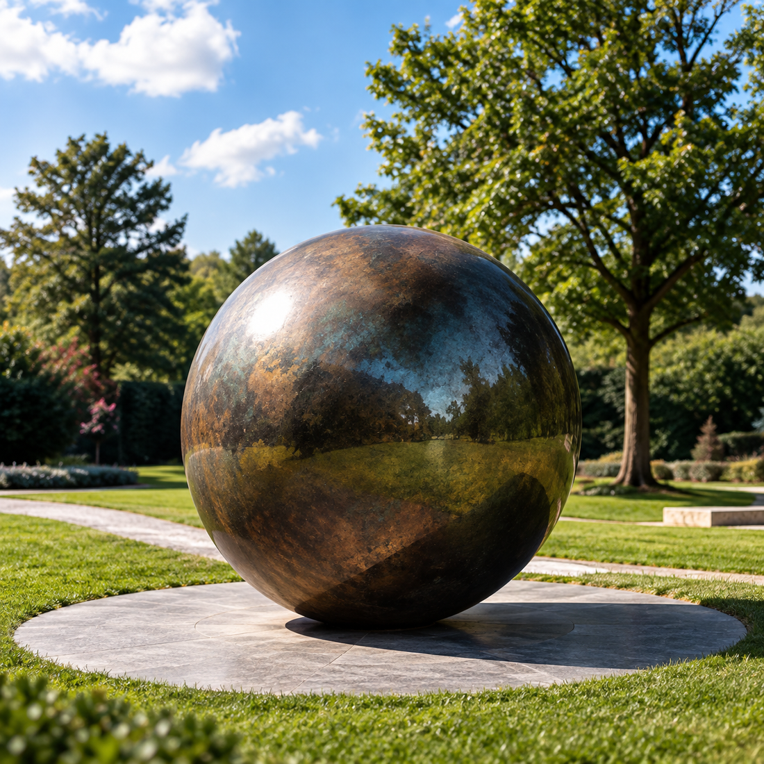 Polished metal sphere sculpture displayed outdoors in a landscaped garden, illustrating finishes for exterior environments.