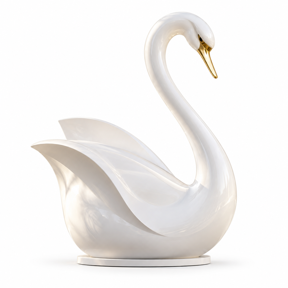 White fiberglass swan sculpture with graceful curved neck and gold beak on a white background