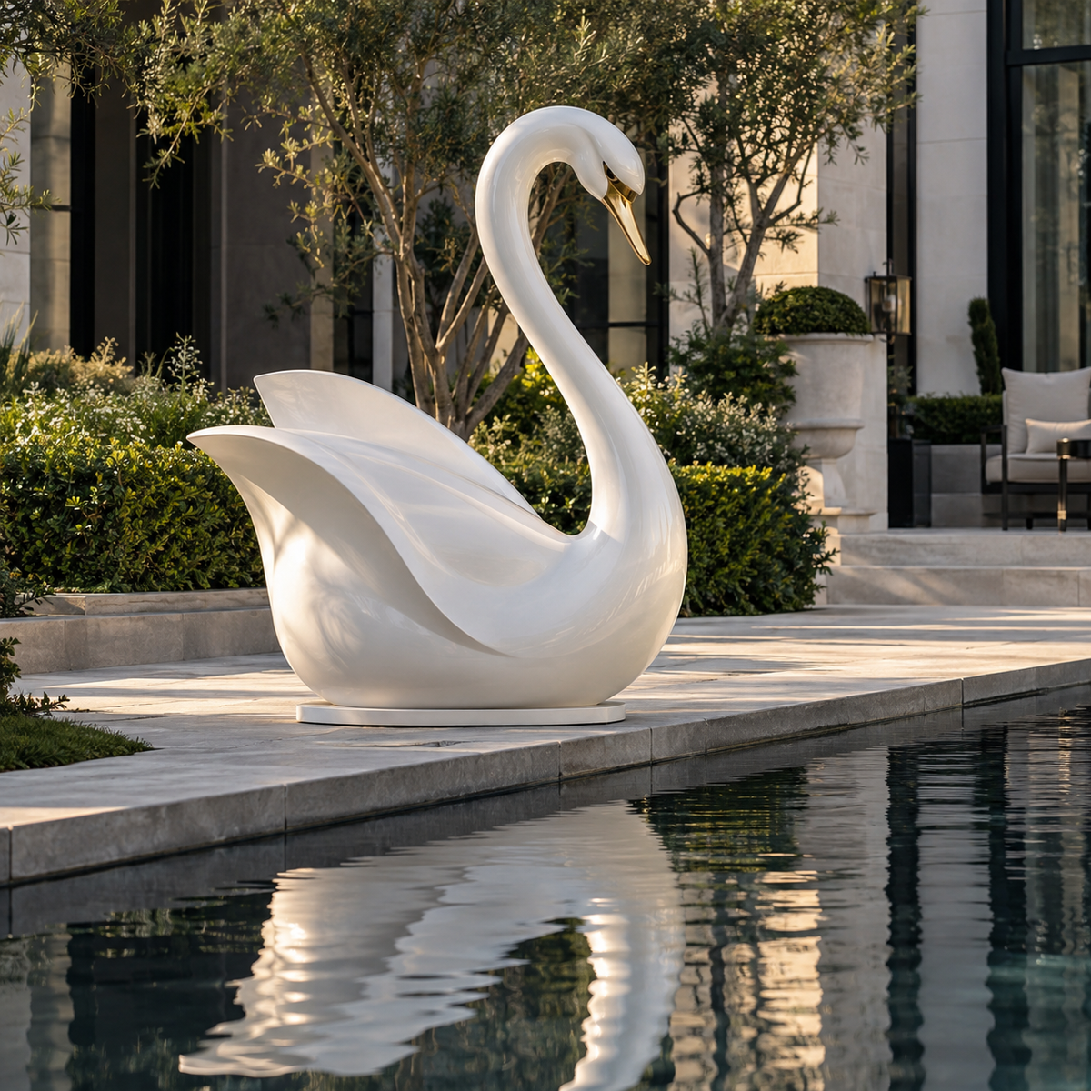 Pearl Serenade white and gold fiberglass swan sculpture displayed beside a luxury garden pool