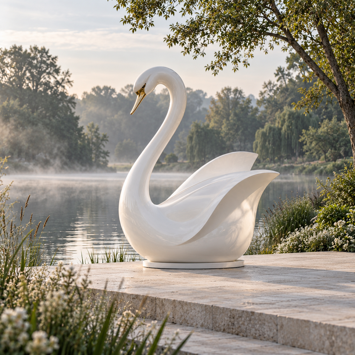 Pearl Serenade White & Gold Fiberglass Swan Sculpture — misty lakeside garden.