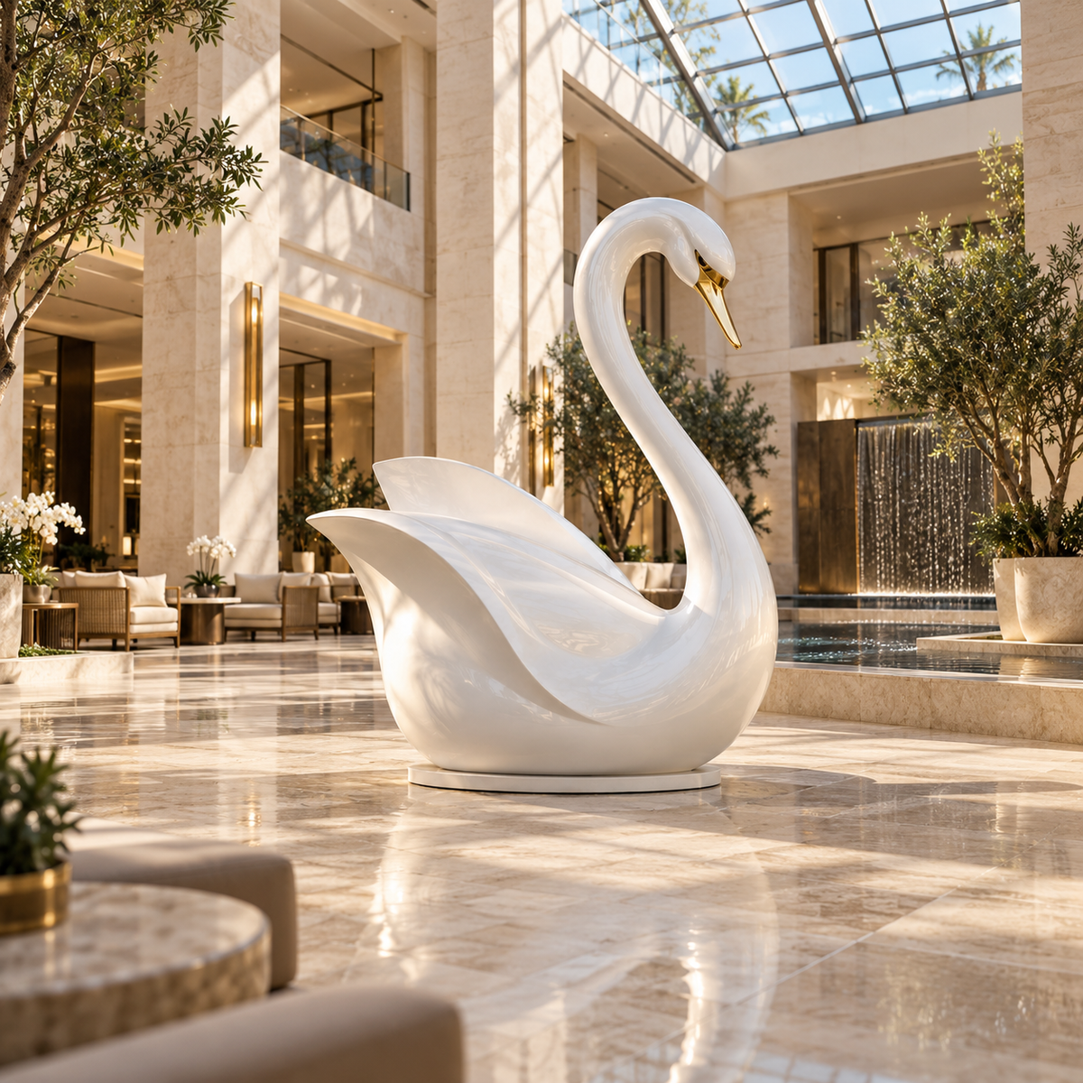 Pearl Serenade White & Gold Fiberglass Swan Sculpture — sunlit marble atrium.