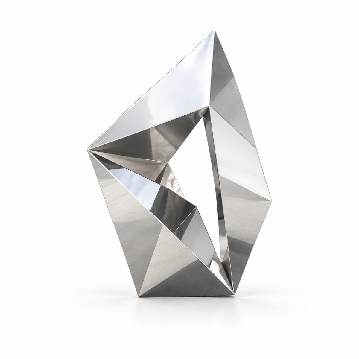 Prismatic Portal mirror stainless steel geometric abstract sculpture with faceted angular surfaces and a central open form on a white background.