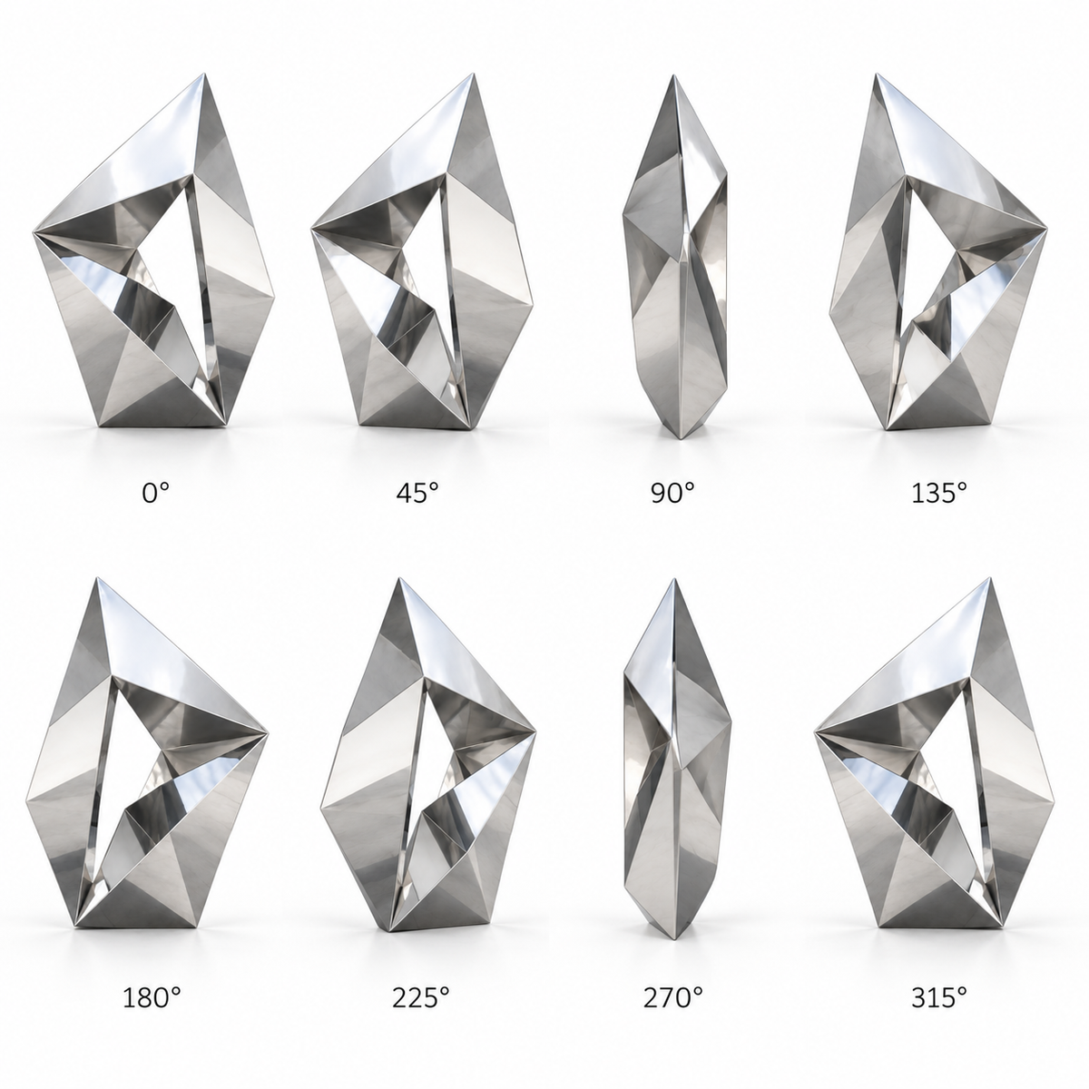 Prismatic Portal mirror stainless steel geometric abstract sculpture shown from eight angles in a 360-degree product view.