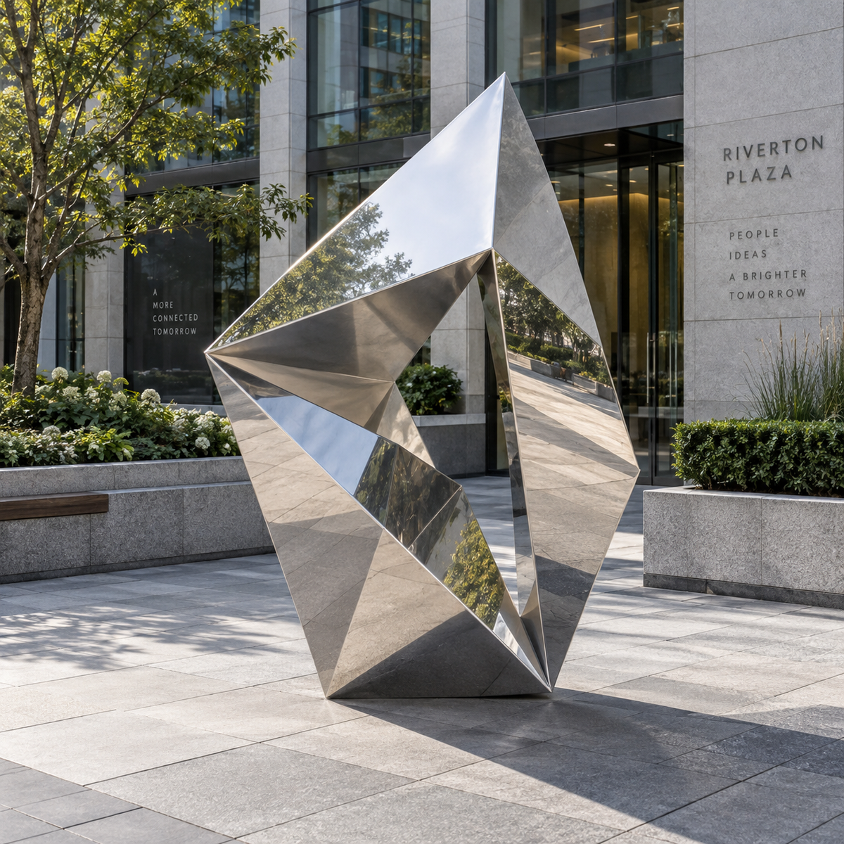 Prismatic Portal mirror stainless steel geometric abstract sculpture displayed in a modern commercial plaza with contemporary architecture and landscaping.