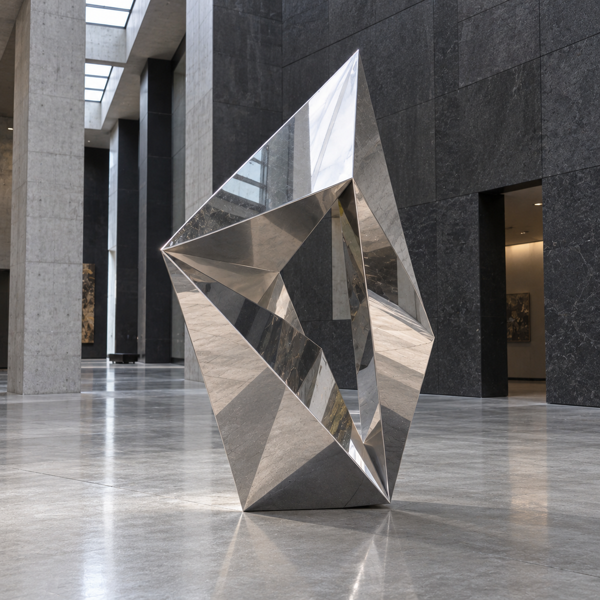 Prismatic Portal mirror-polished stainless steel sculpture with angular planes and an open center in a bright atrium.