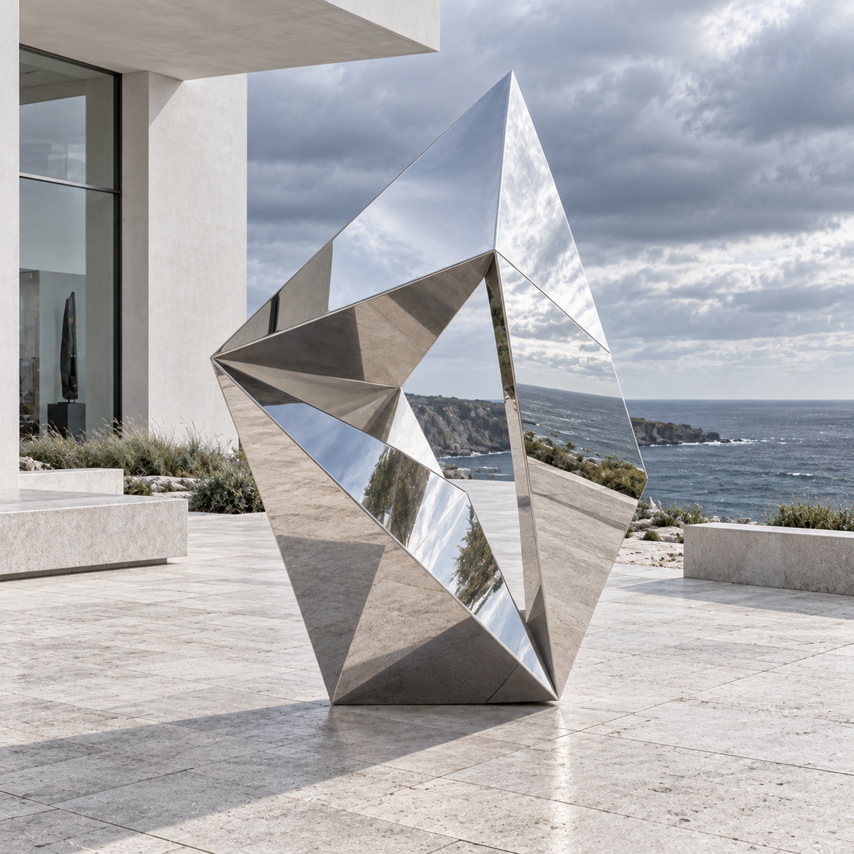 Prismatic Portal mirror-polished stainless steel sculpture with angular planes and an open center on a coastal terrace.