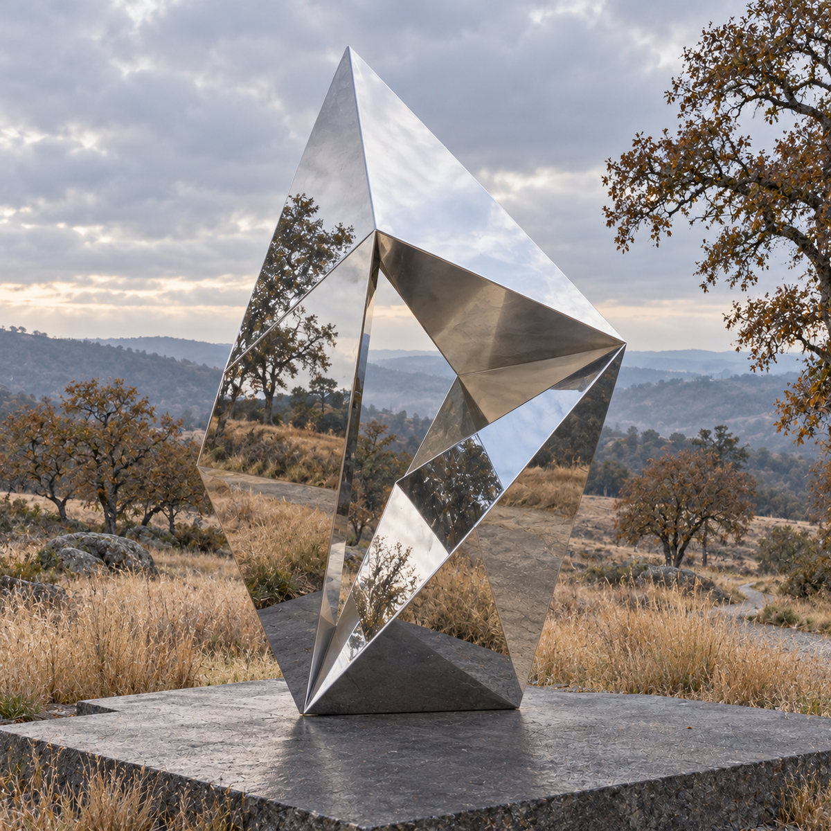 Prismatic Portal mirror-polished stainless steel sculpture on a stone base in a garden overlooking mountains.