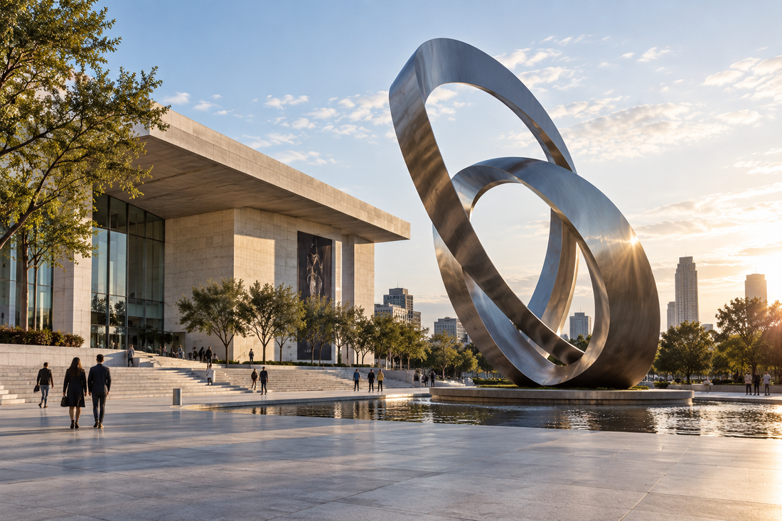 Monumental abstract public art sculpture featured in a spacious civic plaza beside a contemporary building.