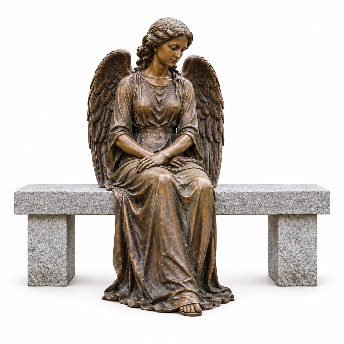 Bronze seated memorial angel sculpture with folded wings and stone bench on a white background