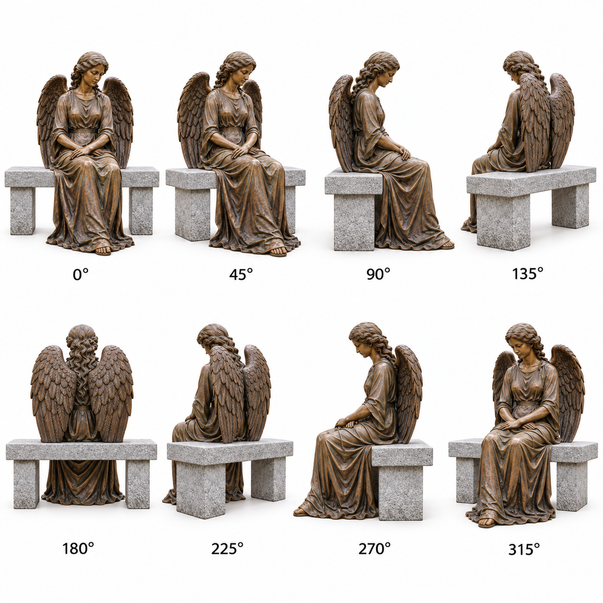 360-degree views of Quiet Vigil bronze seated mourning angel sculpture with stone bench