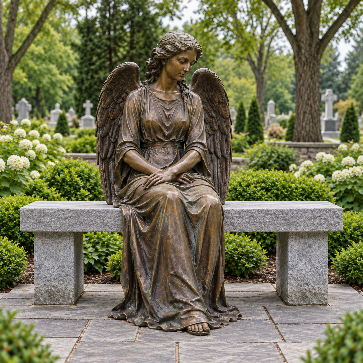 Quiet Vigil bronze seated mourning angel sculpture with stone bench displayed in a peaceful memorial garden