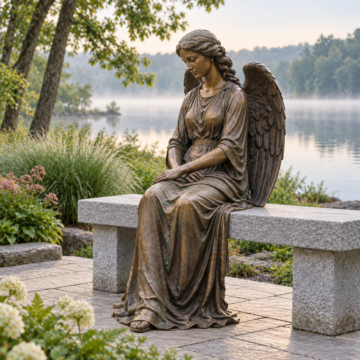 Quiet Vigil Bronze Seated Mourning Angel Sculpture with Stone Bench — misty lakeside garden.