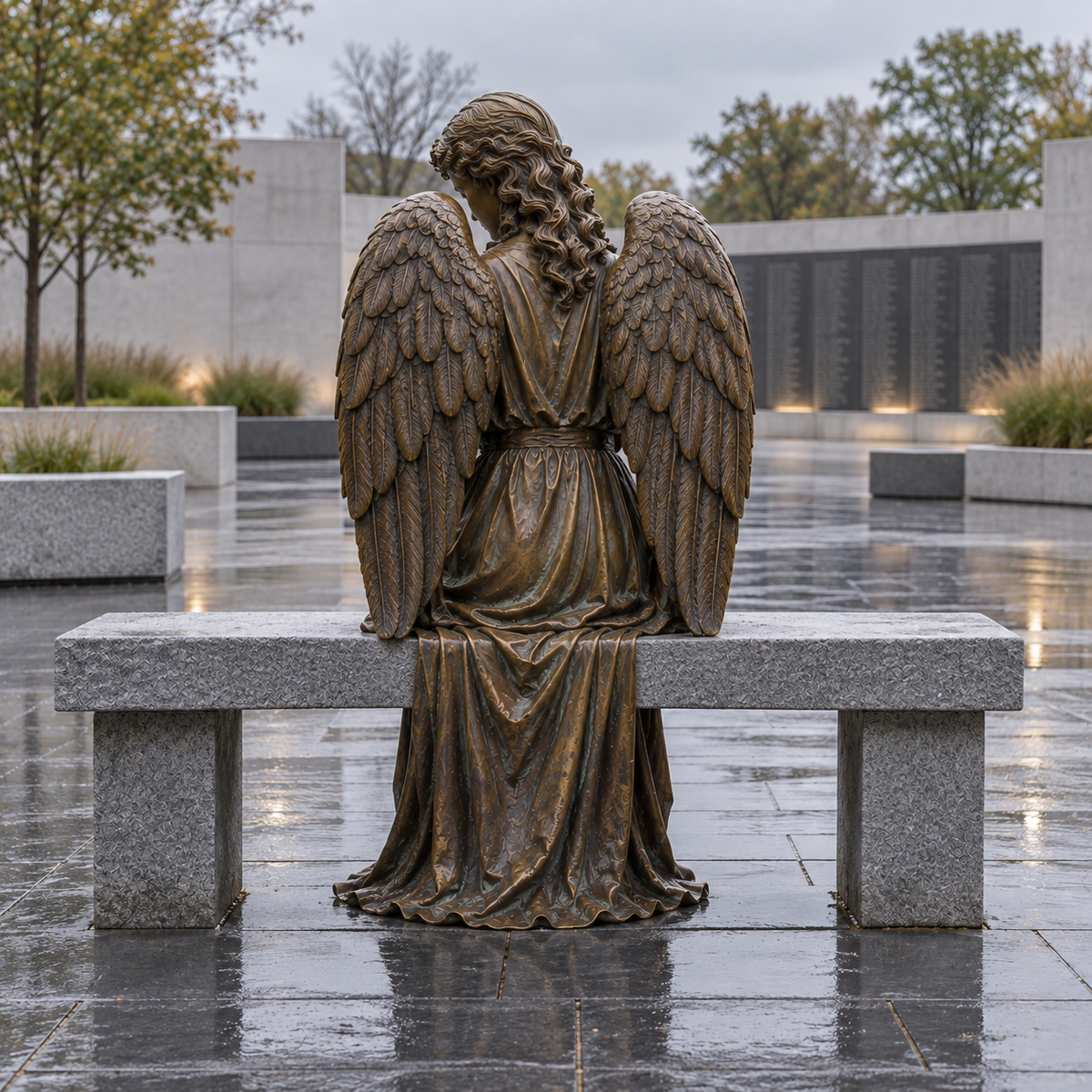 Quiet Vigil Bronze Seated Mourning Angel Sculpture with Stone Bench — modern memorial courtyard viewed from behind.