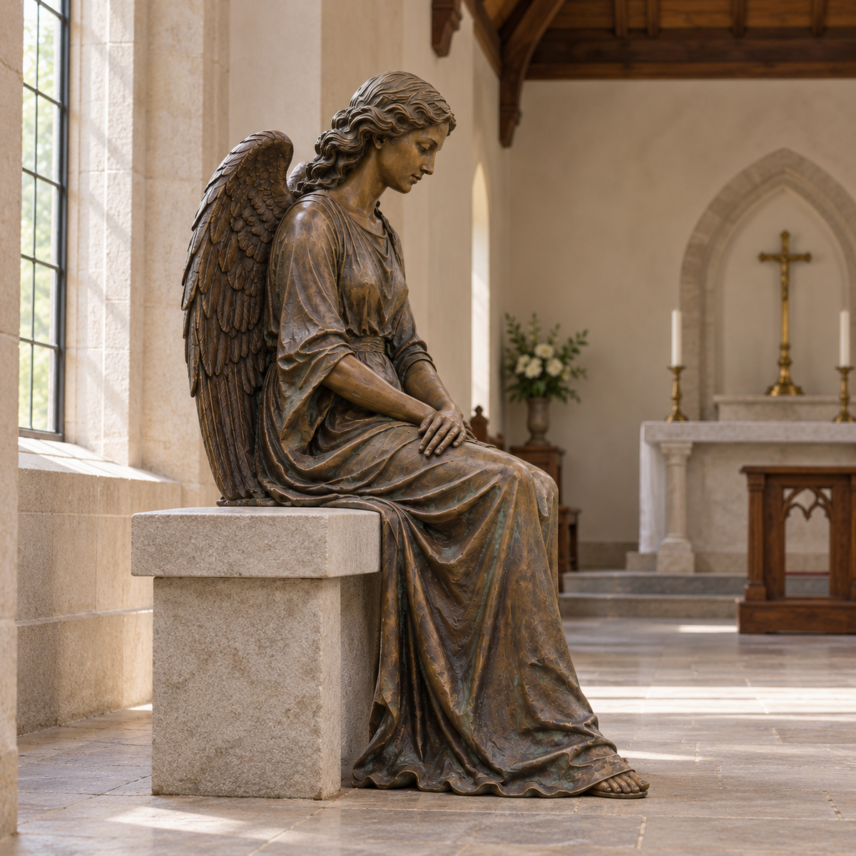 Quiet Vigil Bronze Seated Mourning Angel Sculpture with Stone Bench — sunlit chapel interior viewed from the side.