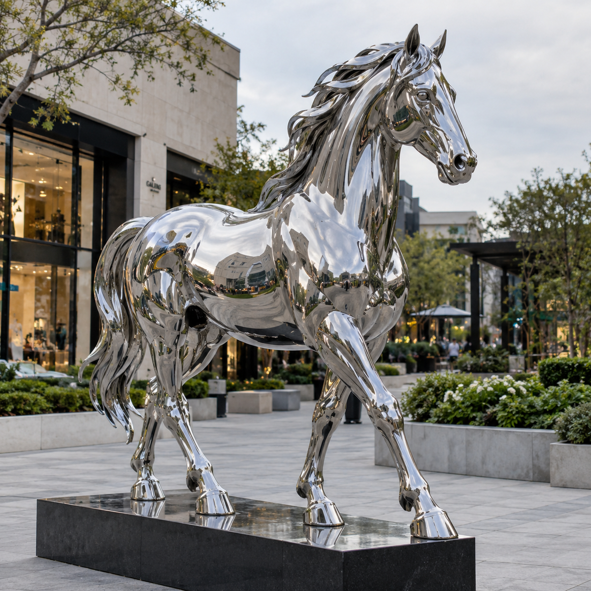 Radiant Canter mirror stainless steel horse sculpture displayed in a modern landscaped outdoor plaza