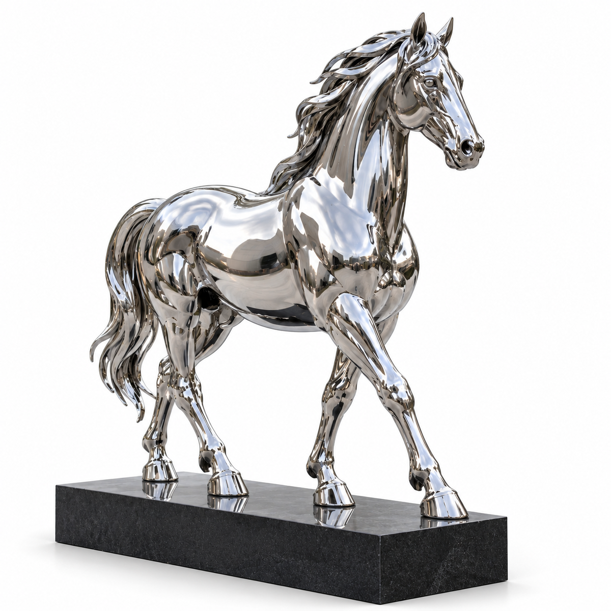 Mirror polished stainless steel standing horse sculpture with flowing mane on a white background