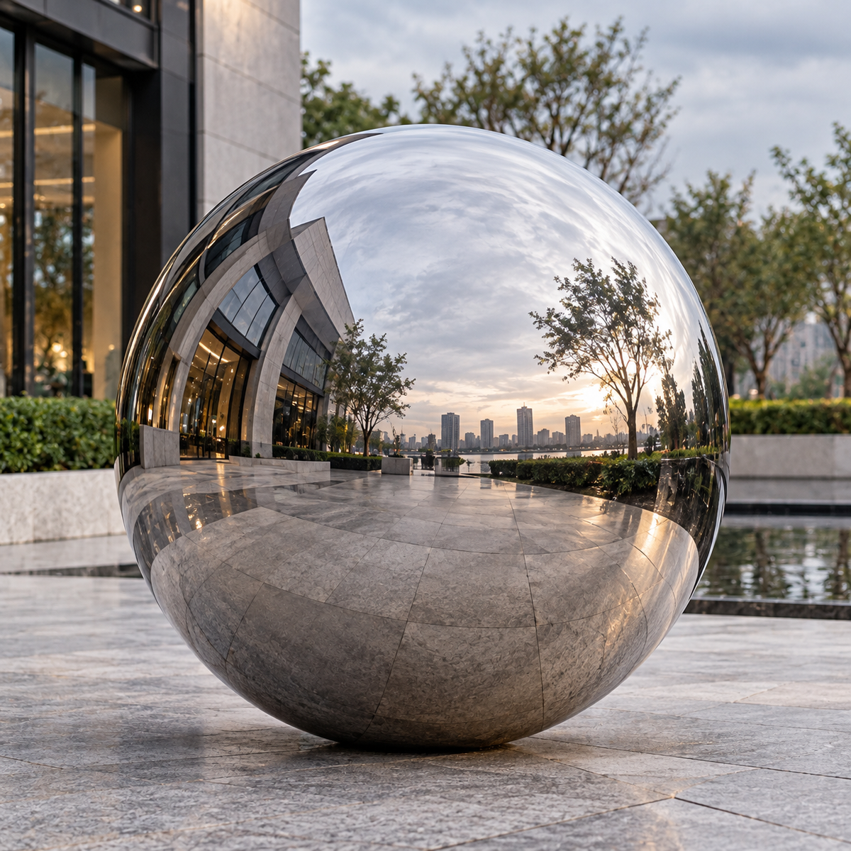 Reflective Horizon mirror-polished stainless steel sphere sculpture in a landscaped courtyard.